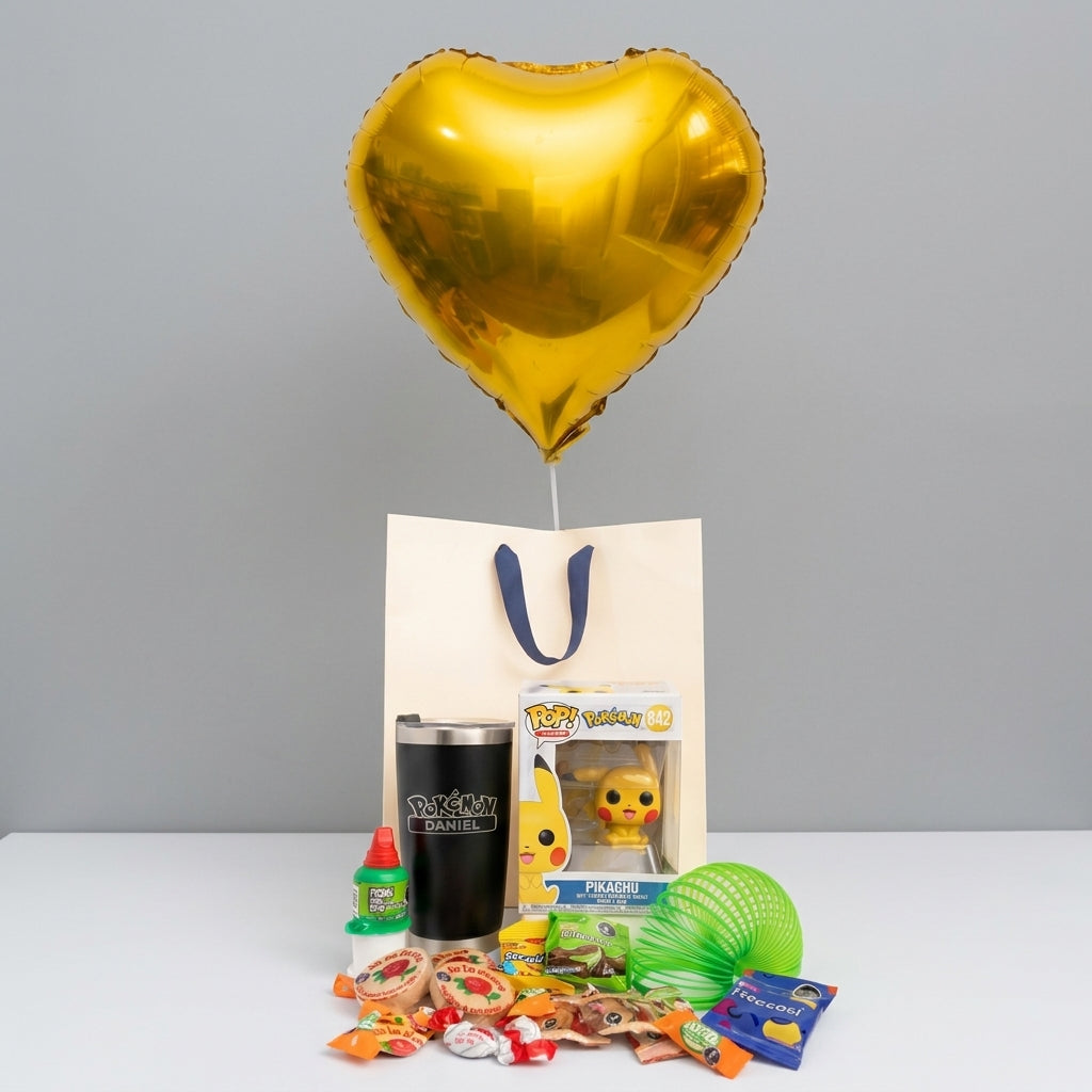 Kit Pokémon - con Termo Personalizado y Globo Corazón Amarillo | LolaFlora 21S