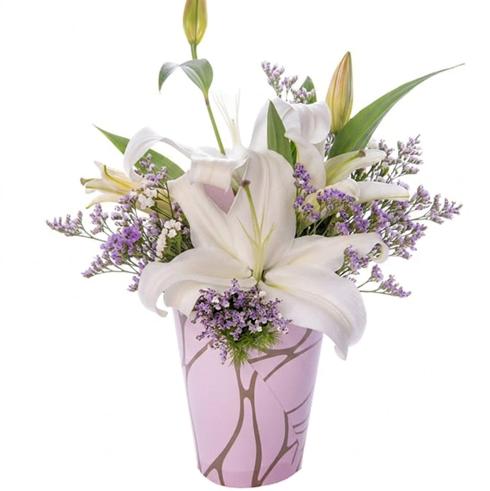 4 Lirios Blancos con Limonium - En Caja Deco LolaFlora
