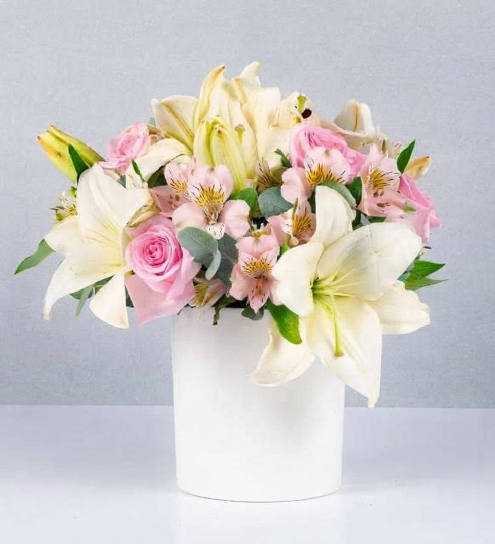 Pot Lilies and Pink Roses