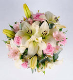 Pot Lilies and Pink Roses