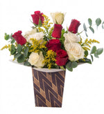 Red roses and white roses in a harlequin box